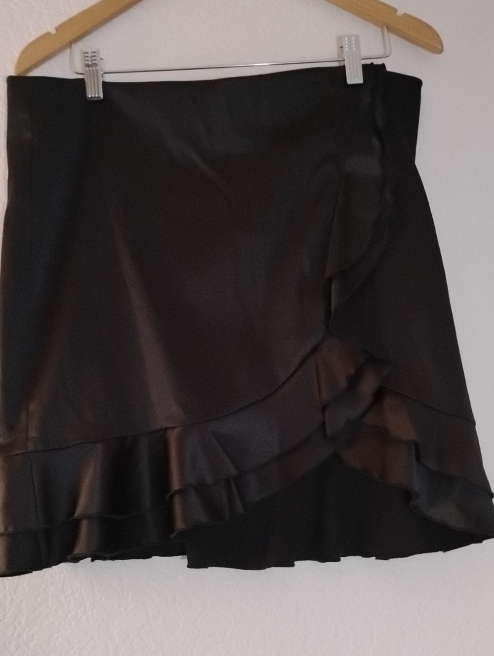 Stoosh Black Satin Ruffle Mini Skirt. Made In USA